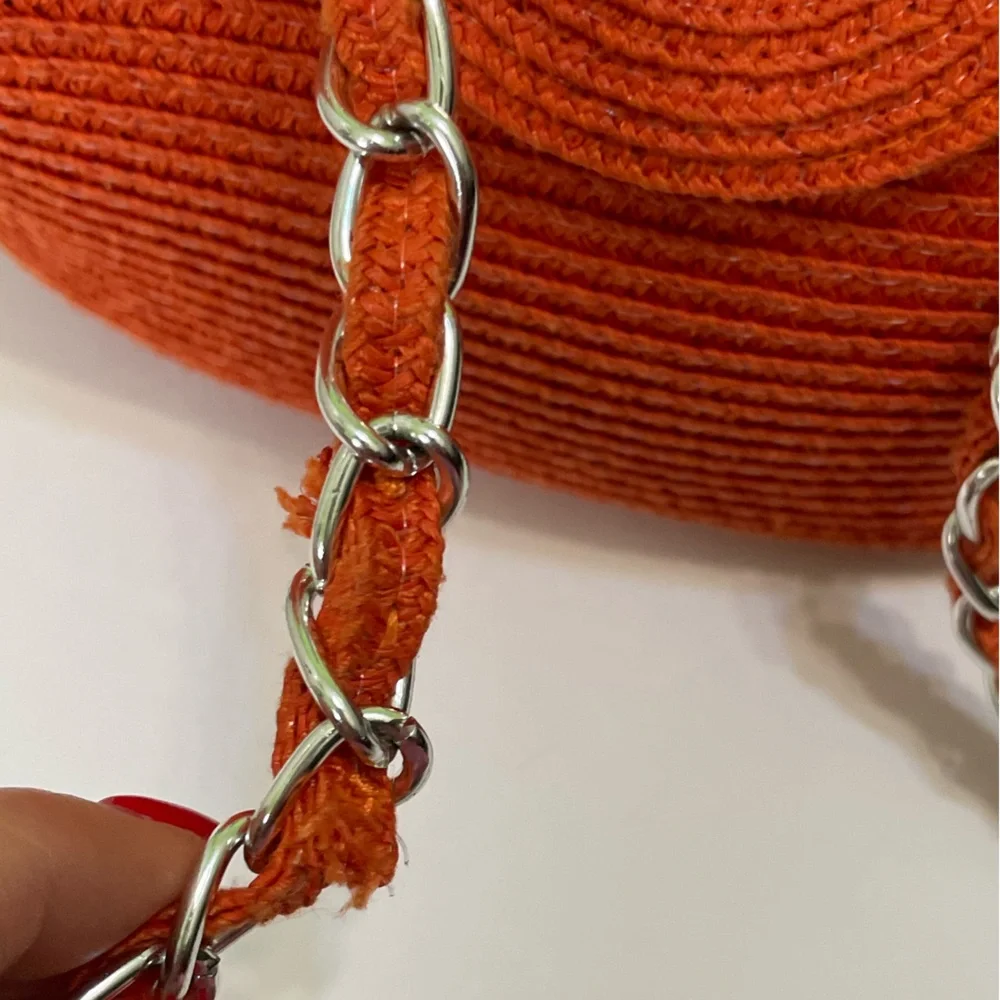 Kim Rogers Orange Woven Paper Straw Shoulder Bag Crossbody Silver Chain Straps